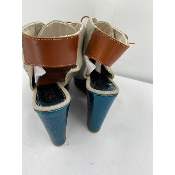 DIESEL Khaki Canvas  Peep Toe Blue Metallic Wedge Heel Shoes Women's Sz 40 (9) - Picture 6 of 12
